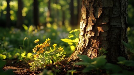 Obraz premium Golden Sunlight Through Forest