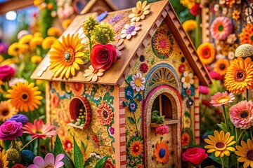 Fototapeta premium Colorful Floral Patterned Cardboard House Model for Creative Home Decor and Artsy Projects