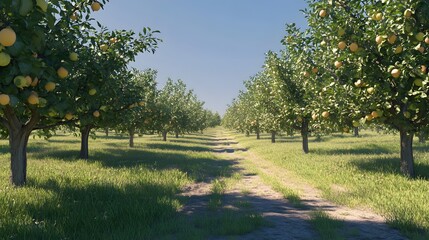 Naklejka premium 47. A peaceful orchard with ripe fruit trees under a clear sky, inviting for a leisurely stroll
