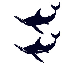 Two detailed swordfish silhouettes, one leaping out of the water and the other swimming below.
