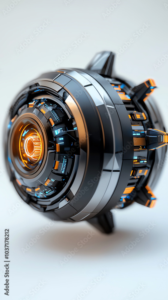 Poster futuristic orbital device emphasizing advanced technology and design innovations in robotics