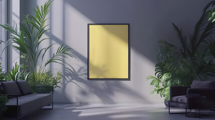 A serene modern living space with lush greenery and a large yellow artwork on the wall, illuminated by natural light during the afternoon