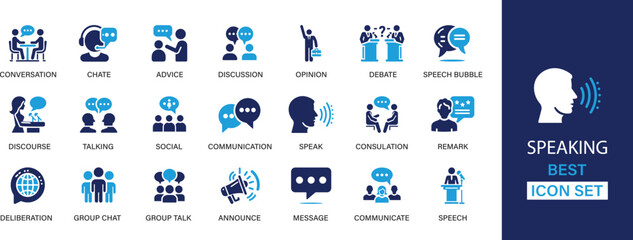 Speaking best solid icon set collection. Conversation, chat, advice, discussion, opinion, debate, talking, communication and vector illustration.