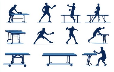 A detailed vector of table tennis player silhouettes, featuring various athletic stances like serving and smashing, presented on a simple white background 