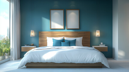 A bedroom with a blue wall and a white bed with a wooden headboard. The bed is made with white sheets and has blue pillows. There are two nightstands on either side of the bed, both with a lamp
