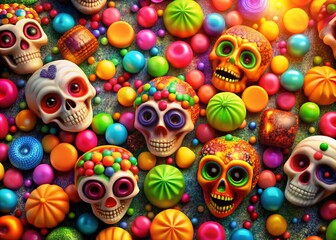 Colorful Halloween Pattern with Skulls and Candy for Festive Decor and Celebrations