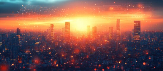 Fototapeta premium A vibrant city skyline at sunset, with glowing lights and a warm atmosphere.