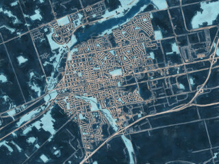 Painterly Style City Map of Woodstock Ontario, Canada in a Blue Color Scheme.