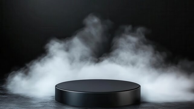 Black podium surrounded by soft eerie mist, minimal Halloween theme