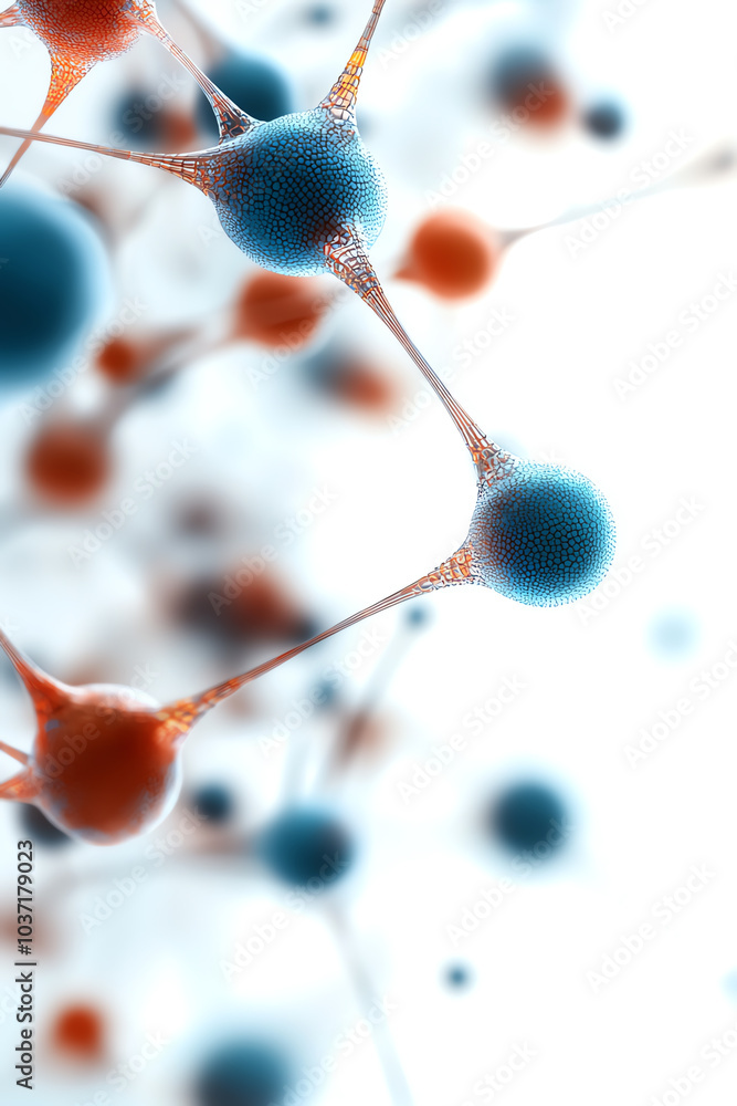 Poster abstract representation of molecular structures in blue and orange color palette