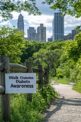 A pathway in a park with a sign promoting diabetes awareness, framed by greenery and city skyline.