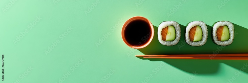 Aufkleber Sushi rolls filled with fresh cucumber are accompanied by a soy sauce bowl and chopsticks on a bright green surface, creating a delightful setting. Generative AI