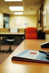 A blurred office setting with a document and glasses on a desk, suggesting a professional environment.