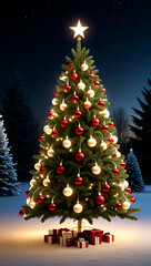 Obraz premium beautifully decorated christmas tree lights shine brightly outside home every year