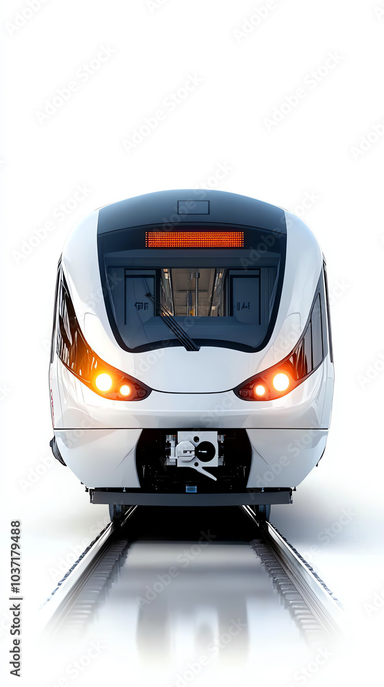Poster sleek modern train design with striking front view on railway tracks in a minimalist setting