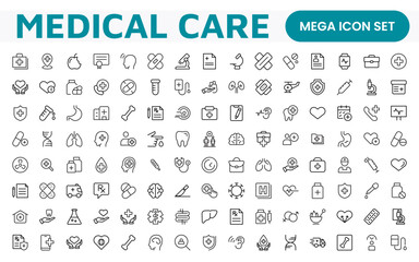 Set of Medical web icons in line style. Medicine and Health Care, RX. Medicine, check up, doctor, dentistry, pharmacy, lab, scientific discovery, collection.