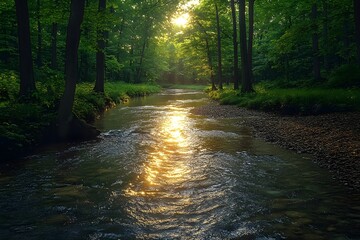 Fototapeta premium A serene sunset reflects on a tranquil river flowing through a lush green forest, creating a picturesque nature scene.