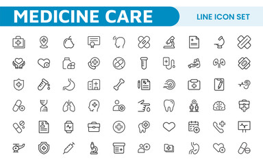 Set of Medical web icons in line style. Medicine and Health Care, RX. Medicine, check up, doctor, dentistry, pharmacy, lab, scientific discovery, collection.