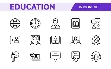 Education line icons collection. Big UI icon set in a flat design. Thin outline icons pack. Thin line icons set of academic subjects and education. Outline symbol collection.