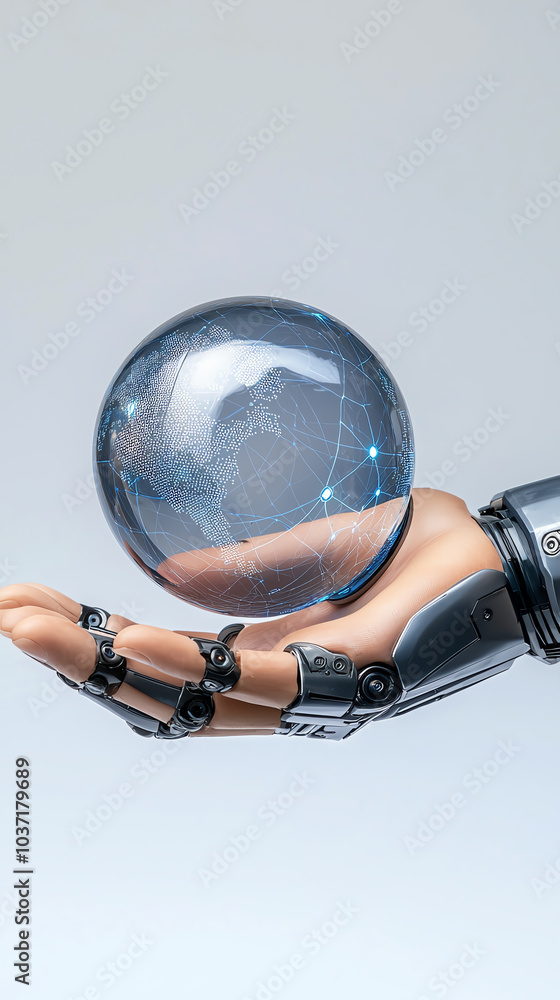 Poster a robotic hand holding a transparent globe representing global connectivity and technological advanc