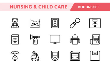 Nursing Home and Child Care Icon Set. Compassionate icons for elder care, child safety, and support services, perfect for healthcare apps, brochures, and care center branding.