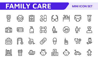Nursing Home and Child Care Icon Set. Compassionate icons for elder care, child safety, and support services, perfect for healthcare apps, brochures, and care center branding.