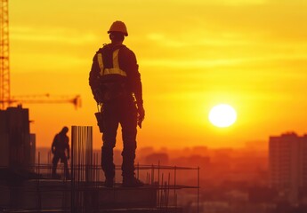 Construction Workers on Building Site at Sunset