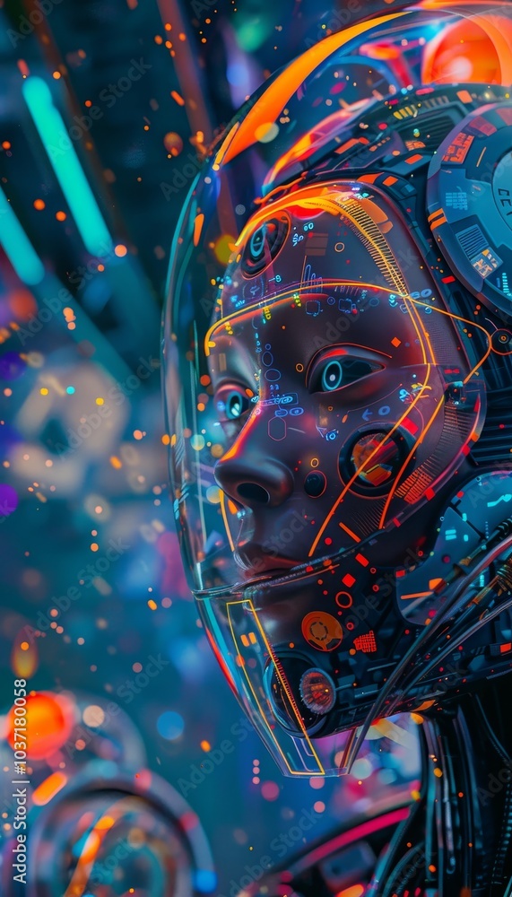 Wall mural vibrant ai background featuring robots, data visualization, and smart devices in digital space
