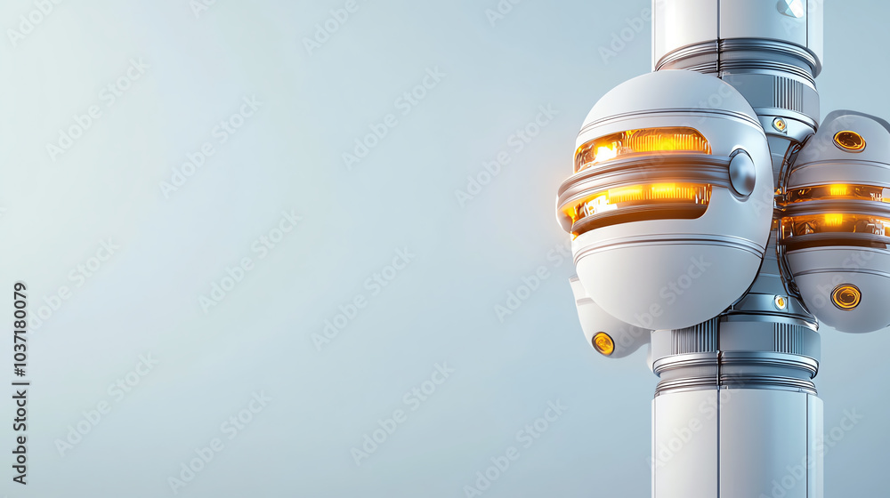 Poster futuristic robotic design featuring sleek metallic elements and illuminated orbs for advanced techno