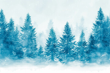 Obraz premium Hand drawn watercolor coniferous forest illustration, spruce. Winter nature, holiday background, conifer, snow, outdoor, snowy rural landscape.Mysterious fir or pine trees for winter