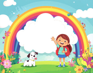Fototapeta premium Little girl with a white dog and a rainbow cartoon frame background. 
