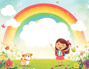 Naklejka premium Little girl with a white dog and a rainbow cartoon frame background. 