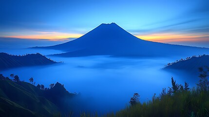 Fototapeta premium A majestic mountain peak rises above a sea of clouds at sunrise, casting a dramatic silhouette against the vibrant sky.
