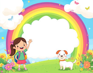 Little girl with a white dog and a rainbow cartoon frame background. 
