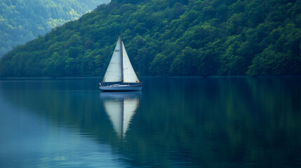 Obraz premium A sailboat gliding smoothly across a calm lake.