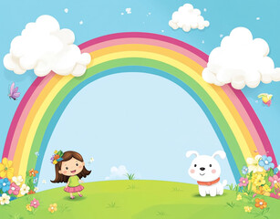 Naklejka premium Little girl with a white dog and a rainbow cartoon frame background. 