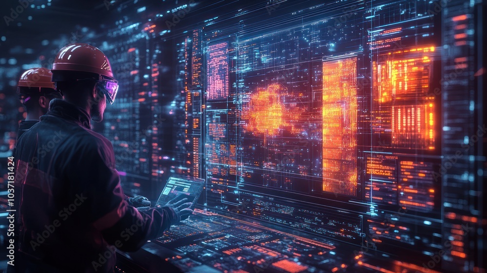 Aufkleber two workers analyze digital data on a futuristic interface in an industrial setting.