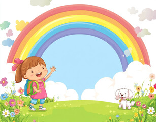 Little girl with a white dog and a rainbow cartoon frame background. 
