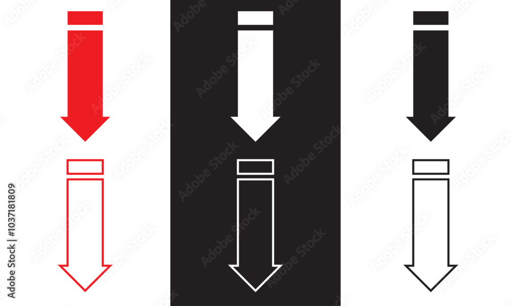 Poster red, black and white large forward or pointing solid long arrow icon sketched as vector symbol . vec