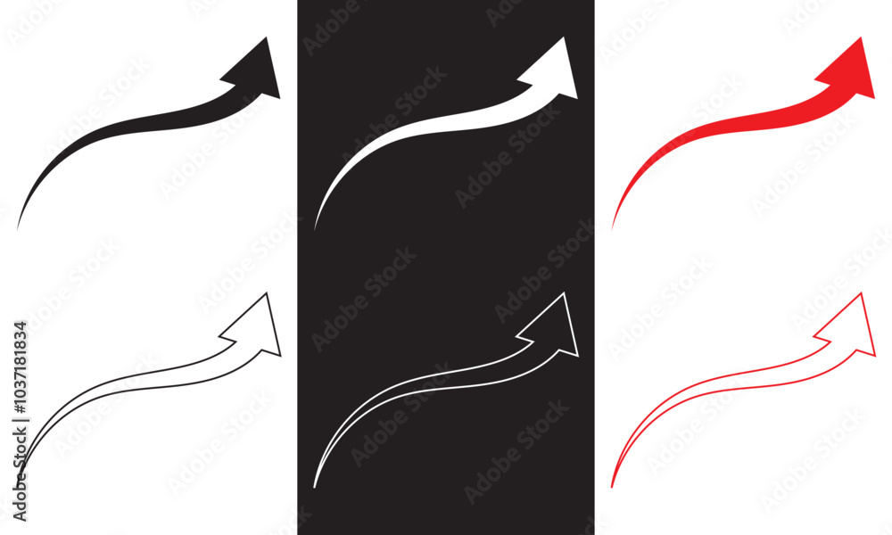 Poster red, black and white large forward or pointing solid long arrow icon sketched as vector symbol . vec