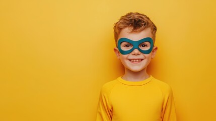 Portrait of a young boy wearing a blue superhero mask and yellow shirt is smiling. Concept of fun and playfulness, as the boy appears to be enjoying himself while wearing the costume