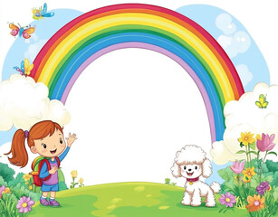 Fototapeta premium Little girl with a white dog and a rainbow cartoon frame background. 