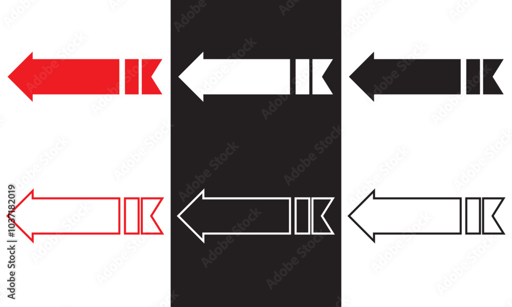 Poster red, black and white large forward or pointing solid long arrow icon sketched as vector symbol . vec