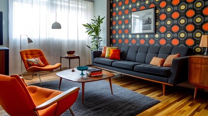 A retro-inspired living room with 70s patterned wallpaper updated with modern furniture and contemporary color schemes