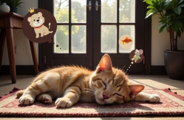 A cute kitten sleeps in the house on a rug in the sun and dreams of becoming a strong and beautiful lion, tiger, panther, catching fish, mice and birds