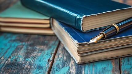 Vintage school supplies such as fountain pens notebooks and old textbooks stacked on a wooden desk