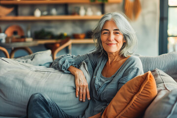 Obraz premium Happy beautiful relaxed mature older adult grey-haired woman relaxing on sofa at home. Smiling stylish middle aged 60s lady enjoying resting sitting on couch in modern living room, with copy space.
