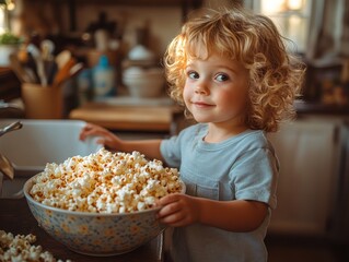 Photorealistic of A child reaching up to a countertop for a big bowl of popcorn, the kitchen bathed in soft afternoon light