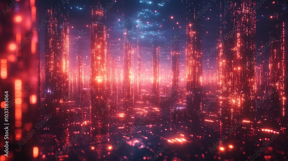 Aufkleber a vibrant digital landscape with towering structures and glowing particles in a futuristic setting.