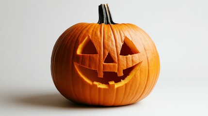 A classic jack-o'-lantern with a friendly grin, carved into a bright orange pumpkin.